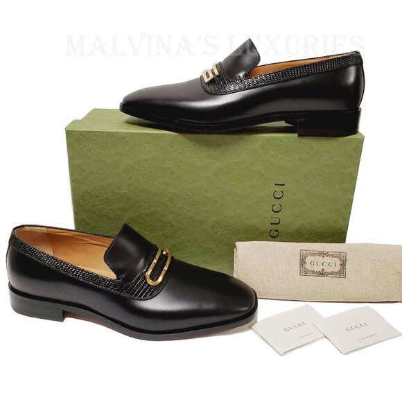 GUCCI SHOES MENS GEOMETRIC G LOGO BLACK LEATHER LOAFERS w LIZARD sz 10 10.5 - Picture 14 of 15